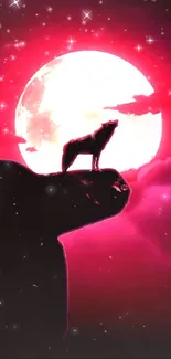 Wolf silhouette under pink moon and starry sky wallpaper.