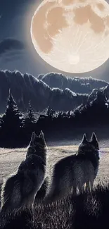 Wolves howling at the moon in a mystical forest landscape.