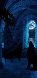 Silhouetted wolves under a full moon in a gothic archway.