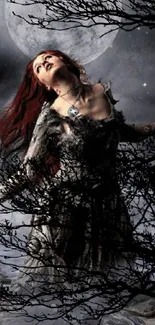 Woman in dark, mystical scene beneath a full moon with eerie branches.