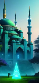 Mystical mosque with teal glow in a serene landscape.