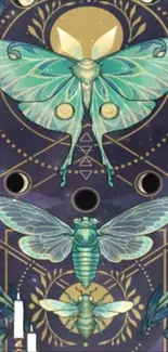 Mystical moth wallpaper with teal and gold design.