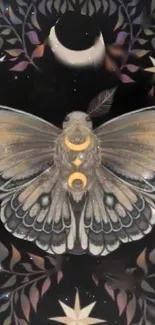 Mystical moth with crescent moon on a dark wallpaper background.