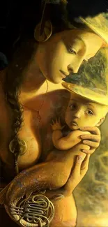 Mystical mother holding child in golden light.