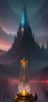 Mystical dark mountain with a glowing golden vase in the foreground.