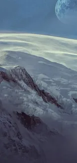 A mystical mountain under a moonlit night sky, with blue and grey tones.