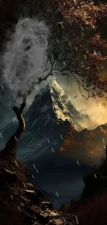 Mystical scene of a mountain with a solitary tree and a dramatic sky.