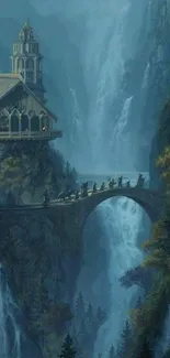 Mystical mountain bridge with waterfalls.