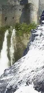 Mystical mountain scene with castle and waterfall.