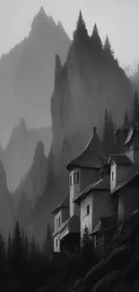 Gothic castle on foggy mountain slope with pine trees.