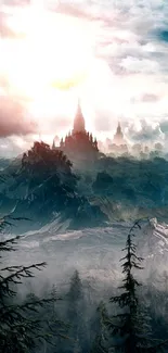 Mystical mountains with castle under cloudy sky