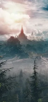 Mystical mountain castle surrounded by dark forests and a vibrant sky.