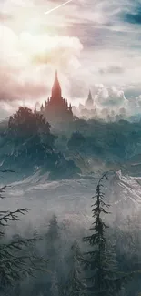 Mystical castle rises amidst mountains and clouds in fantasy wallpaper.