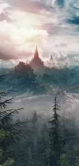 A mystical castle peaks through misty mountains and clouds in a fantasy landscape.