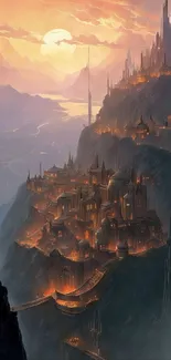 Fantasy mountain city at sunset with glowing architecture.