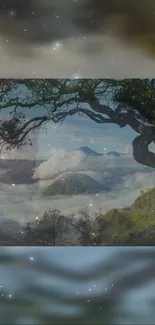 Mystical mountain landscape with clouds and tree silhouette.