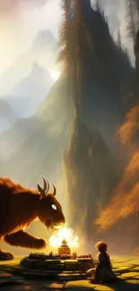 Mystical creature and traveler in mountain landscape