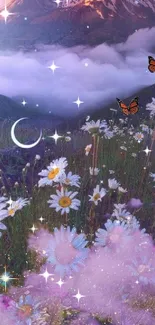 Mystical mountain with daisies and butterflies under a lavender sky.