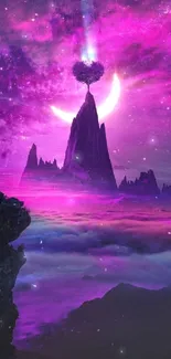 Vivid magenta galaxy scene with a mystical mountain and crescent moon.