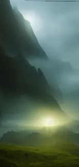 Mysterious mountains with glowing light, ideal for calming phone wallpaper.