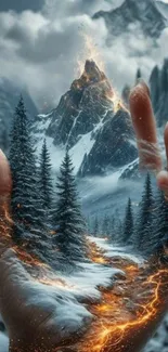 Hand holding a surreal mountain landscape with fire and trees.