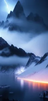 Magical snowy mountain landscape with glowing river and stormy sky.