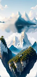 Mystical mountain landscape with clouds and trees.