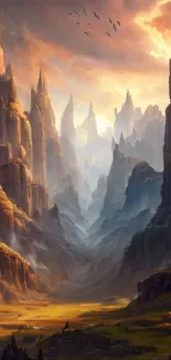 Mystical mountain landscape with glowing peaks and tranquil valleys.