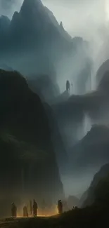 Mystical mountain landscape wallpaper with mist and figures.