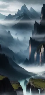 Mystical mountain landscape with foggy peaks and a serene river.