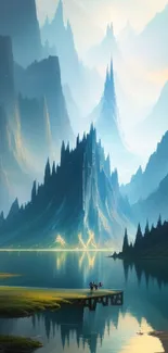 Mystical landscape with mountains and serene waters under a bright sky.