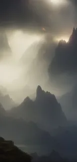 Mist-covered mountain peaks under moody sky.