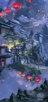 Scenic mountain village with red lanterns illuminating the night.