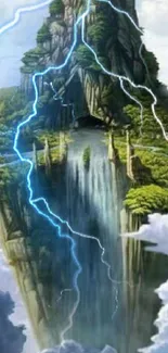 Mystical mountain with lightning and waterfalls in a serene natural setting.