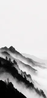 Black and white misty mountain landscape wallpaper.