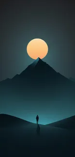 A lone figure under a moonlit mountain silhouette against a dark night sky backdrop.