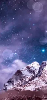 Mystical mountain under starry indigo sky with ethereal lighting.