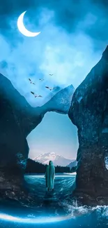 Mystical mountain nightscape with moonlit sky.