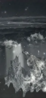 Mystical mountain nightscape with stars and clouds in grayscale.