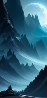 Mystical mountain nightscape with moonlit peaks and dark blue hues.