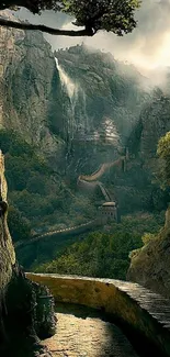 Mystical mountain trail with lush greenery and towering cliffs.