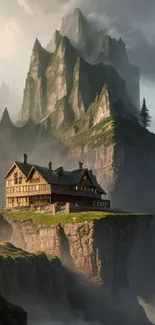 A mystical house perched on a misty mountain cliff.