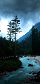 Mystical mountain river surrounded by forest under dark clouds.