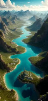 A picturesque turquoise river winding through lush green mountains.