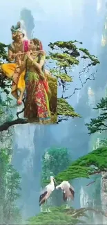 Ethereal mountain scene with mystical figures atop a tree branch.