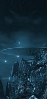 UFO hovering over a starry, blue-lit mountain landscape.
