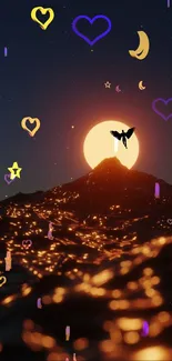 Mystical mountain sunset with vibrant shapes and a flying silhouette.