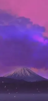 Mountain under a vibrant pink and purple sky with glowing cloud effects.