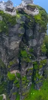 A mystical temple atop a lush green mountain with cloudy skies.