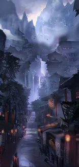 Mystical mountain village with fog and ancient architecture.